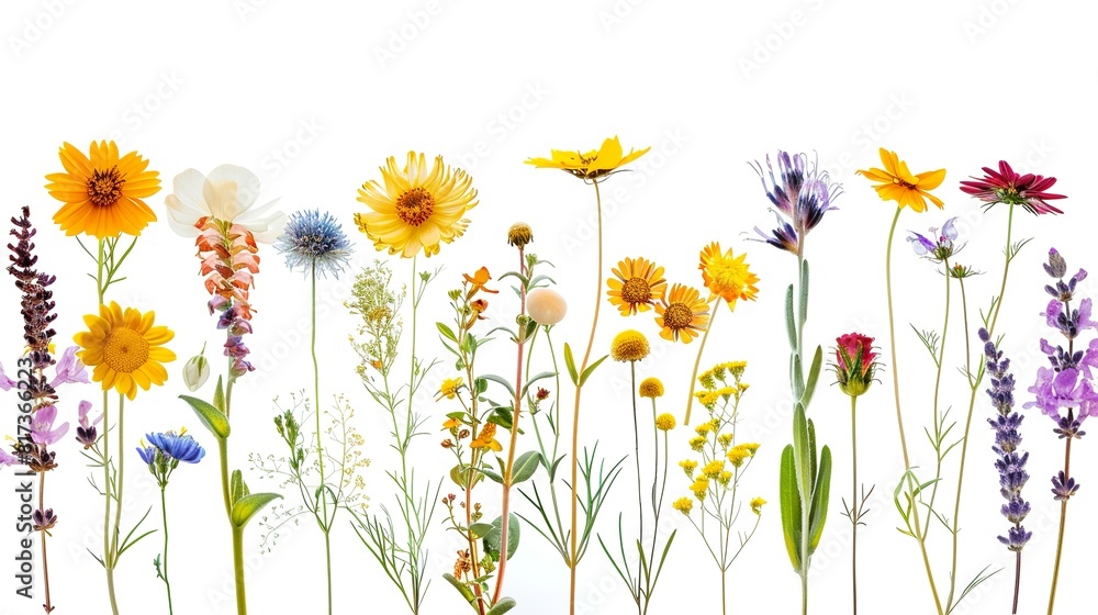 pressed wildflowers, arranged in a line, white background