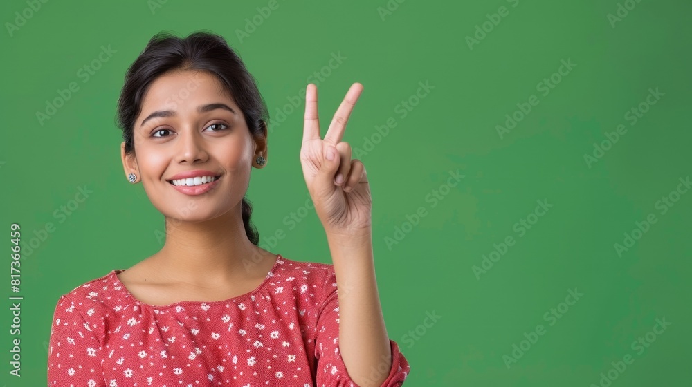 Portrait of beautiful young South Asian woman wearing red top smiling and showing peace sign with hand on a green background, template for advertising or promotion, with copy space for text Portrait of beautiful young South Asian woman wearing red top smiling and showing peace sign with hand on a green background, template for advertising or promotion, with copy space for text