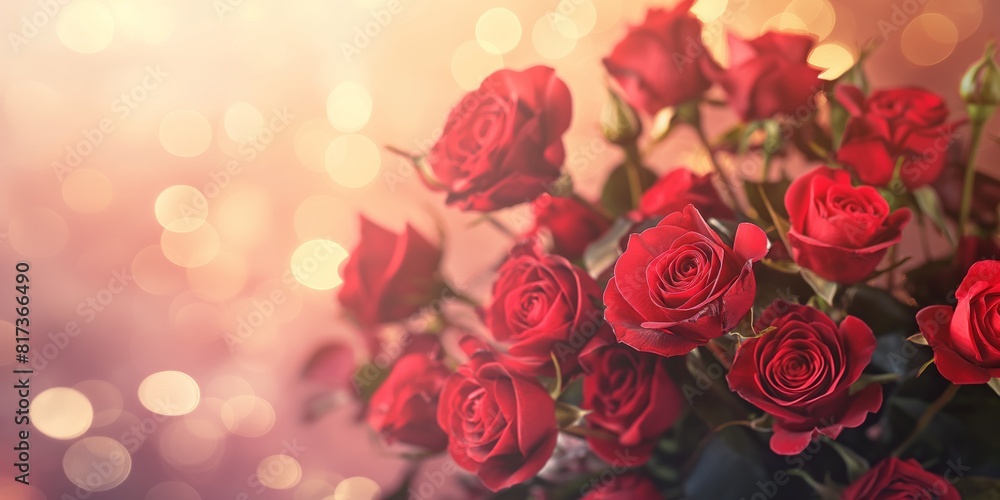 An artistic display of vibrant red roses with a shimmering bokeh effect background, creating an ambiance of romance and celebration An artistic display of vibrant red roses with a shimmering bokeh effect background, creating an ambiance of romance and celebration