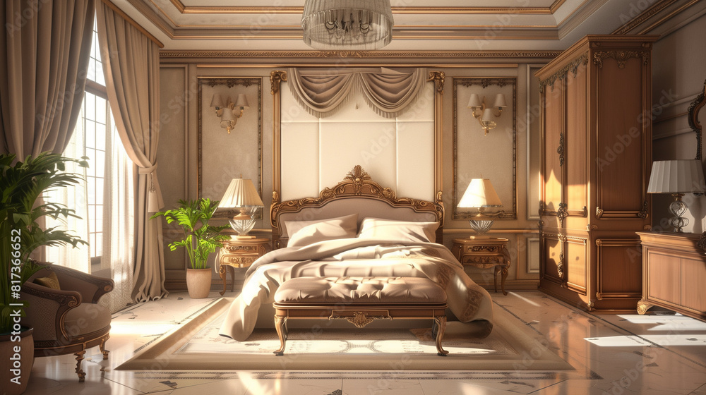 Luxurious Bedroom With Ornate Furniture and Chandelier Luxurious Bedroom With Ornate Furniture and Chandelier