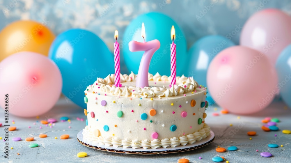 Festive cake with number 7 candle, balloons, and decorations for special occasions and celebrations Festive cake with number 7 candle, balloons, and decorations for special occasions and celebrations