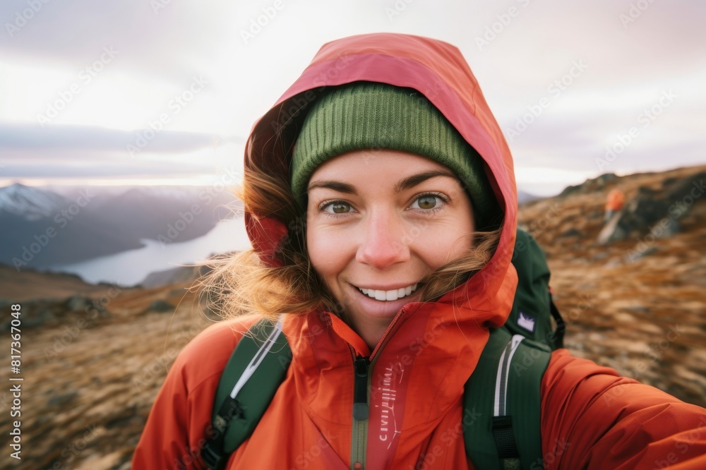 female hiker takes a selfie while walking in the mountains female hiker takes a selfie while walking in the mountains