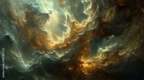 An otherworldly view of a distant nebula, with its swirling clouds of gas and dust by the light of nearby stars.