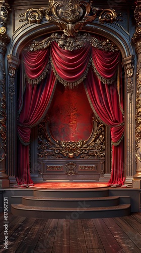 Luxury red velvet pedestal in an opera house, grand curtains, ornate gold detailing
