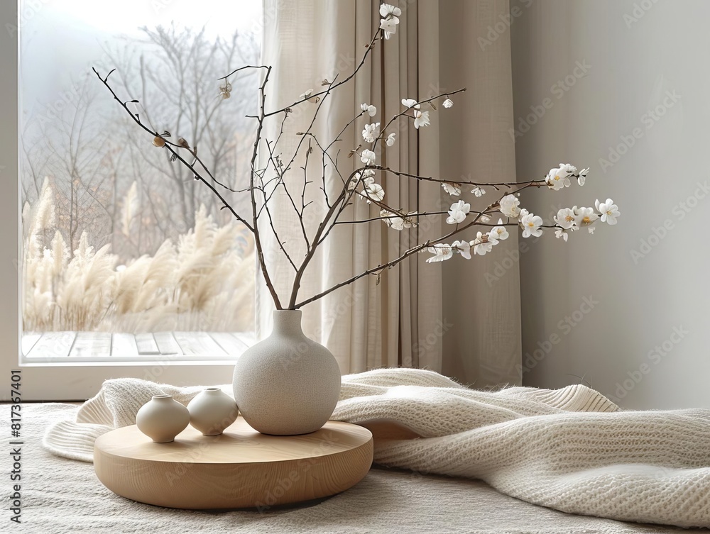 Minimalist ceramic podium in a serene Scandinavian home, hygge style, cozy knits Minimalist ceramic podium in a serene Scandinavian home, hygge style, cozy knits