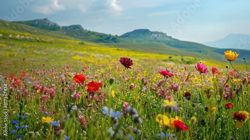 Rolling hills covered in vibrant wildflowers  where the landscape is alive with color  and the air is filled with the sweet scent of blooming flowers.