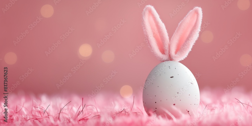 A festive Easter egg with fluffy pink bunny ears standing on a soft, pink background with sparkles A festive Easter egg with fluffy pink bunny ears standing on a soft, pink background with sparkles
