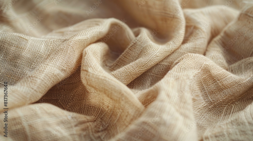 Close-up of natural light linen fabric texture, showcasing irregular threads and a crumpled surface 9 Close-up of natural light linen fabric texture, showcasing irregular threads and a crumpled surface 9