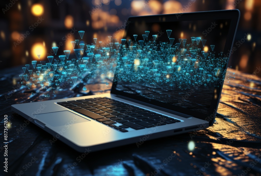 Futuristic Laptop with City Skyline Background Futuristic Laptop with City Skyline Background