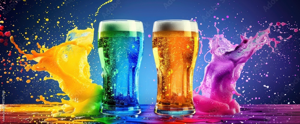 Foamy Beer Glasses, Colorful Splashes, Fluid Shapes, International Beer Day Background Foamy Beer Glasses, Colorful Splashes, Fluid Shapes, International Beer Day Background