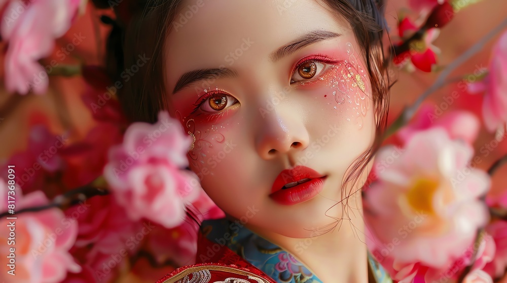 Fototapeta premium Portrait of an Asian woman wearing traditional clothing, surrounded by flowers