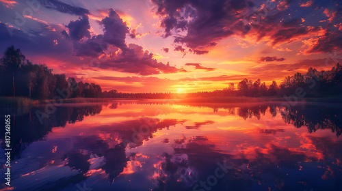 A Fiery Sunset Over Tranquil Waters: An Ethereal Symphony of Colors photo