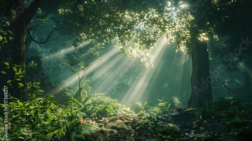 Sunbeams filtering through the dense foliage of an ancient forest  illuminating the forest floor with patches of warm light  and creating a magical ambiance.