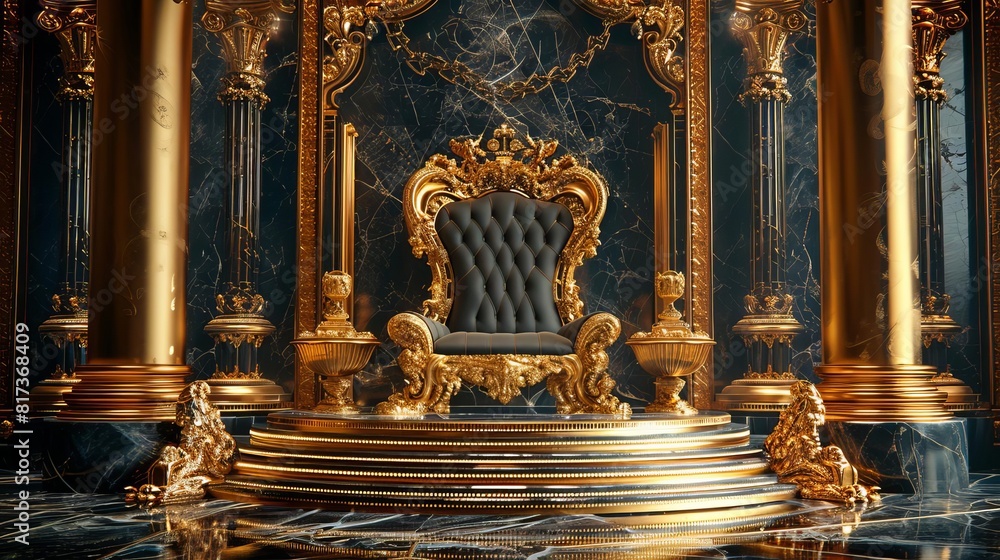 Ornate gold podium in a royal treasury, crowns and jewels, luxurious velvet Ornate gold podium in a royal treasury, crowns and jewels, luxurious velvet