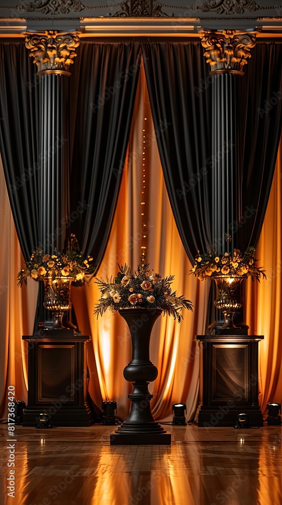 Ornate golden columns with black luxury curtains and bright lights in the background. Ornate golden columns with black luxury curtains and bright lights in the background.