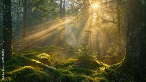 Sunbeams filtering through the branches of a dense forest, casting a golden glow on the moss-covered ground below. © Sardar