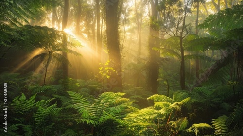 Sunbeams filtering through the dense canopy of a lush forest  casting a warm glow on the fern-covered ground below  illuminating the natural beauty.