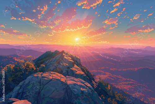 An illustration of the sun rising from the top of a high mountain, the sunrise hand painting. photo
