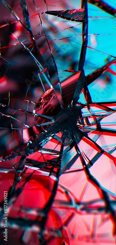 A broken glass with a red and blue background.