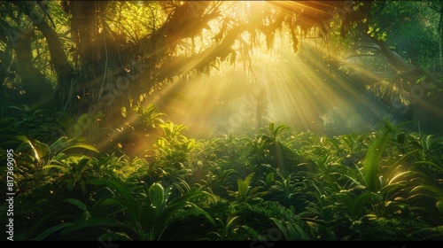 Sunbeams filtering through the dense foliage of an ancient forest, illuminating the forest floor with patches of warm light, and creating a magical ambiance. © Sardar