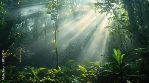 Sunbeams filtering through the dense canopy of a lush forest  creating a mesmerizing interplay of light and shadow on the forest floor.