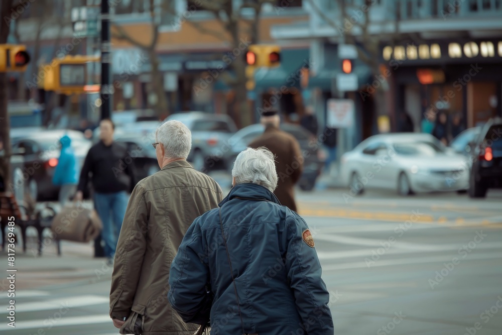 Rear view of a senior couple walking on a street in the city Rear view of a senior couple walking on a street in the city