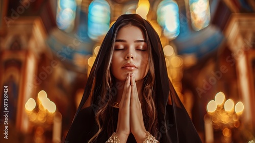 Beautiful caucasian nun in black attire deeply immersed in prayer inside the church photo