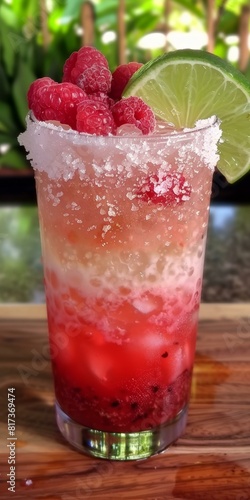 Refreshing summer cocktail with red raspberries lime garnish layers of red white colors garnished with sugar rim floral blurred background.