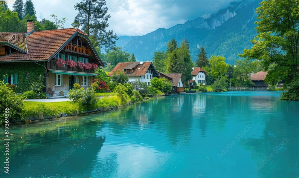 A scenic lake with houses at the sides A scenic lake with houses at the sides