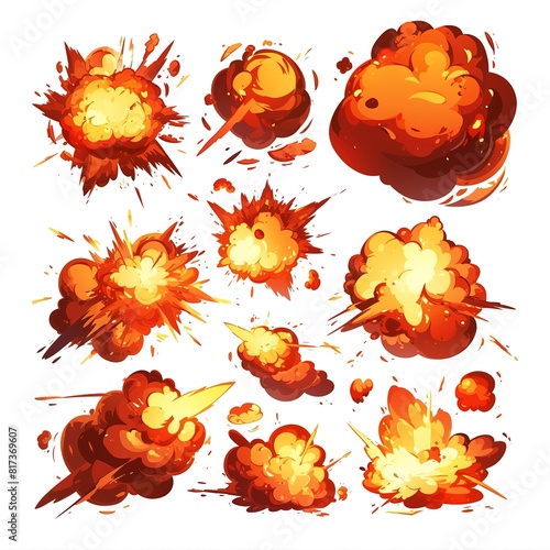 Fire explosion realistic set with isolated flashes of light with clouds of smoke on transparent background vector illustration, Sticker, Festive, Electric Colors, Cartoon, Contour, 