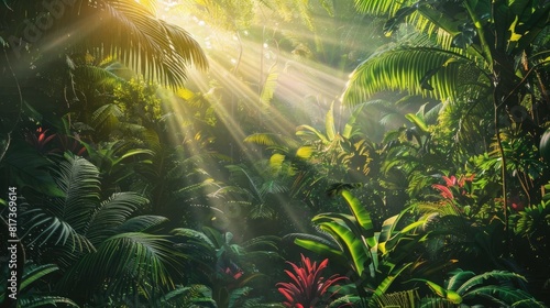 Sunlight filtering through the dense canopy of a tropical rainforest  illuminating a vibrant tapestry of flora and fauna below.