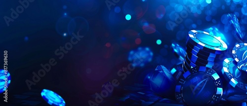 A blue background with casino chips and lights.