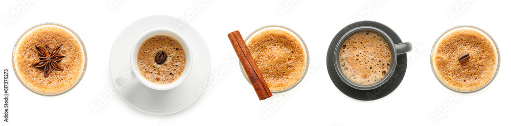 Set of delicious espresso on white background, top view Set of delicious espresso on white background, top view