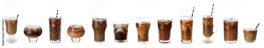 Set of tasty ice coffee on white background