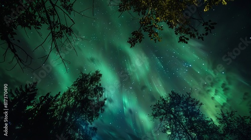 Aurora borealis in a forest.