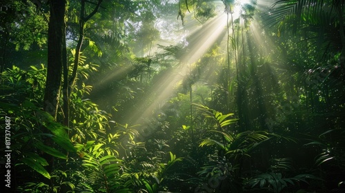 Sunlight streaming through the canopy of a dense forest  casting long shadows and illuminating patches of vibrant greenery below.