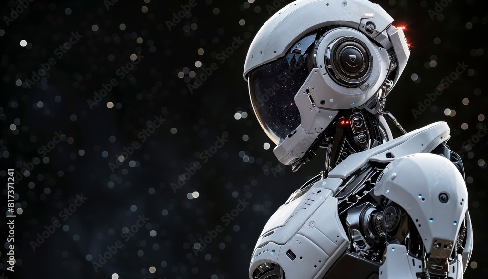 Fototapeta premium Humanoid robot on a cosmic black background. Global robotic astrophysics research for unveiling celestial mysteries.