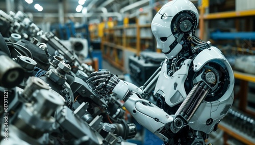 Humanoid robot fixing a complex engine, its diagnostic sensors identifying needed repairs.
