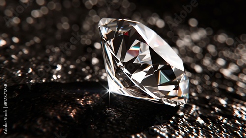 A diamond is sitting on top of a black surface.