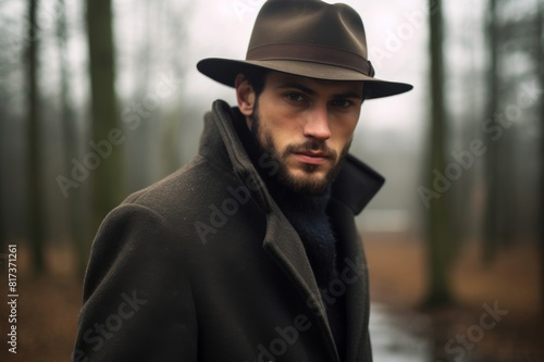 male portrait. brunet man in hat and coat in forest