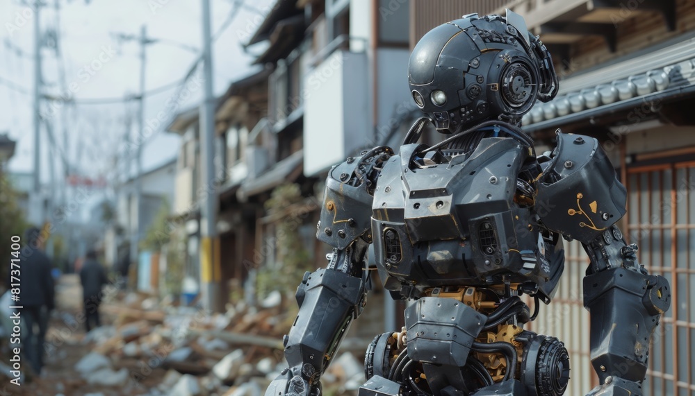Humanoid robot inspecting structural damage after an earthquake with high-precision scanning. Humanoid robot inspecting structural damage after an earthquake with high-precision scanning.