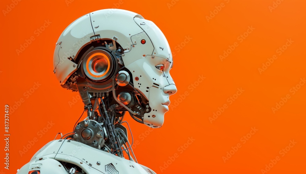 Humanoid robot on a brilliant orange background. Global robotic construction innovation for modern infrastructure. Humanoid robot on a brilliant orange background. Global robotic construction innovation for modern infrastructure.