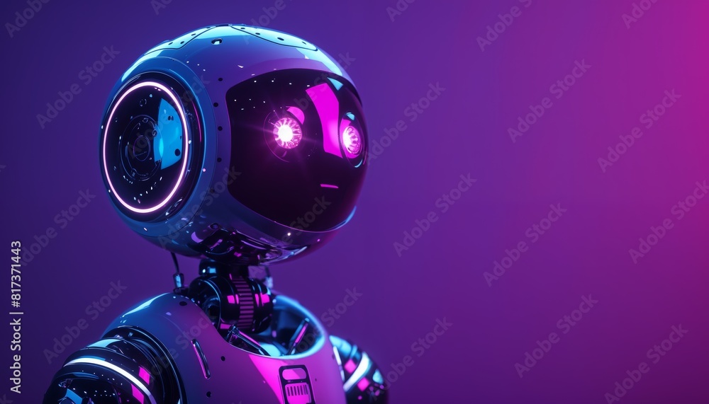 Humanoid robot on a rich purple background. Global robotic artistic creativity for redefining artistic expression Humanoid robot on a rich purple background. Global robotic artistic creativity for redefining artistic expression