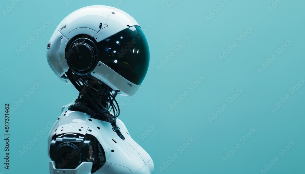 Humanoid robot on a serene teal background. Global robotic oceanic conservation for protecting marine ecosystems Humanoid robot on a serene teal background. Global robotic oceanic conservation for protecting marine ecosystems