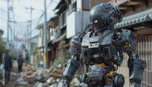 Humanoid robot inspecting structural damage after an earthquake with high-precision scanning.
