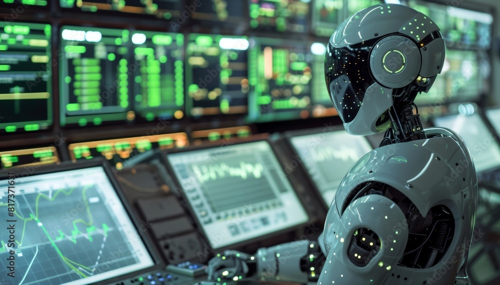 Humanoid robot managing air traffic control at a major hub, flawlessly guiding modern aviation. Humanoid robot managing air traffic control at a major hub, flawlessly guiding modern aviation.