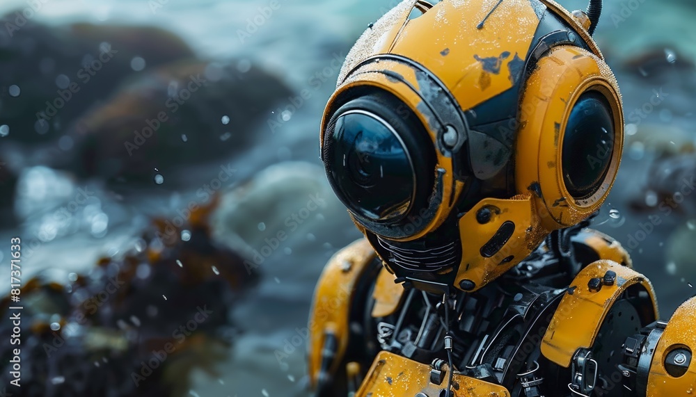 Humanoid robot exploring the deep ocean floor, its cameras recording new marine species. Humanoid robot exploring the deep ocean floor, its cameras recording new marine species.