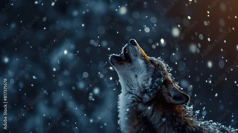 Captivating image of a wolf howling with glowing snowflakes Captivating image of a wolf howling with glowing snowflakes