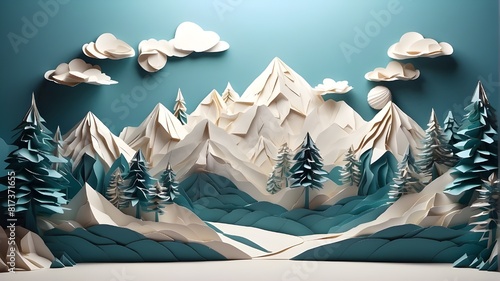 A snow-covered mountain winter landscape featuring fir trees. paper origami in three dimensions. Text space, winter, Christmas, and festivities
