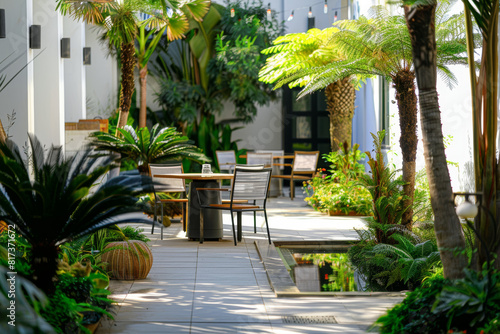 A tranquil courtyard garden tucked away within the hotel grounds, offering guests a serene oasis away from the hustle and bustle of the city. Concept of natural beauty and relaxation. Generative Ai.